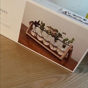 Wooden Test Tube Vase Set with Clear Glass Vessels - Home Accents